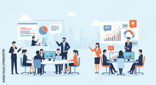 Business professionals collaborate in a modern office setting, analyzing charts and data (1)