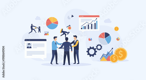 Business team collaborates, analyzing data with charts, graphs, and coins