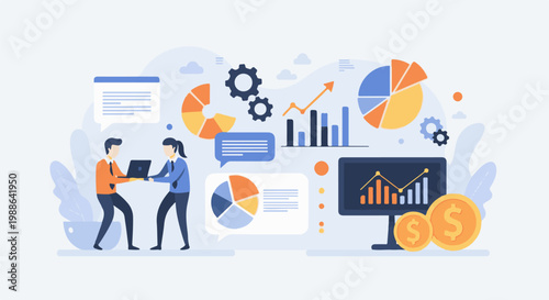 Colleagues collaborate on financial data analysis using laptops and charts, discussing insights