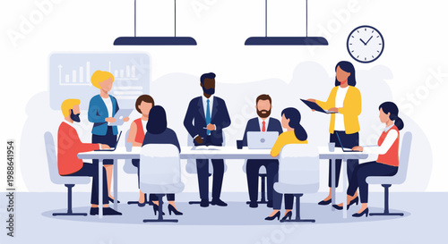 Business meeting with diverse group collaborating around a table, charts on wall
