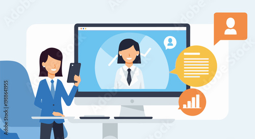 A person in a blue suit uses a phone to interact with a desktop computer displaying a video call, surrounded by chat bubbles