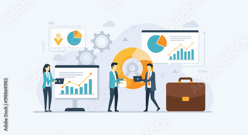 Business people presenting data charts and a briefcase for finance analysis