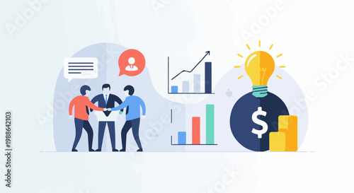 Business team shaking hands near charts, money bag, and idea bulb