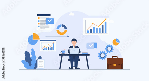 A businessman works on a laptop surrounded by charts, graphs, and gears