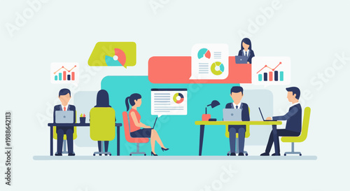 Diverse professionals collaborate and analyze data in a modern office setting, utilizing technology