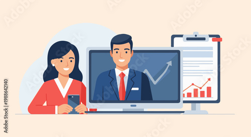 Business professionals analyzing financial charts on screen and clipboard