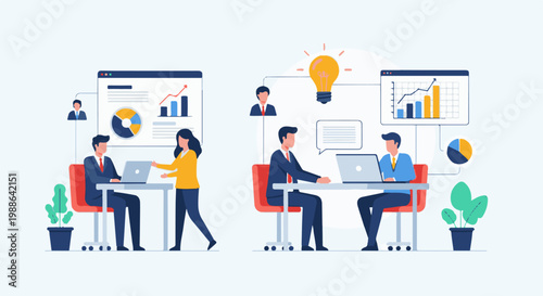 Teamwork and collaboration in a modern office setting, focusing on data analysis and idea generation