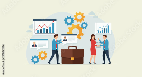 Colleagues collaborate with charts and gears, symbolizing business synergy and progress