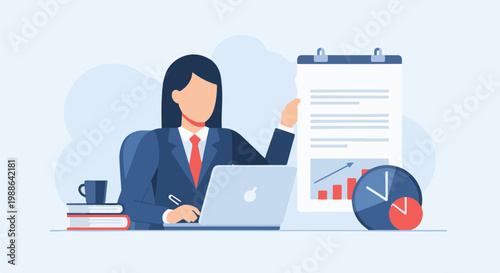 A woman in a suit reviews a report at her desk with a laptop, books, and a clock