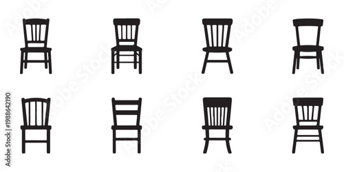 Collection of eight modern simple style silhouette chairs isolated on white background furniture design elements.