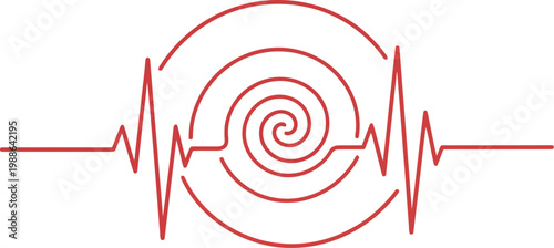 Red line illustrating a vital heart rate signal combined with a concentric spiral target indicating a critical impact zone or seismic activity graphic.