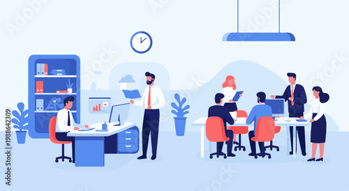 Business people collaborating in a modern office setting with desks and plants