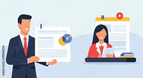 Two professionals review documents a man holds a chart report, a woman writes at her desk