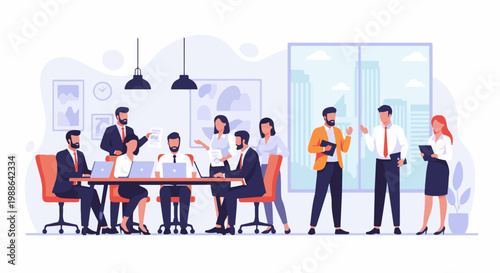 A diverse team in a modern office collaborates around a table and discusses plans