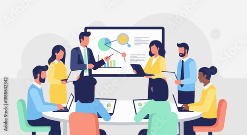 Diverse team collaborates at a modern conference table, analyzing charts on a projector screen