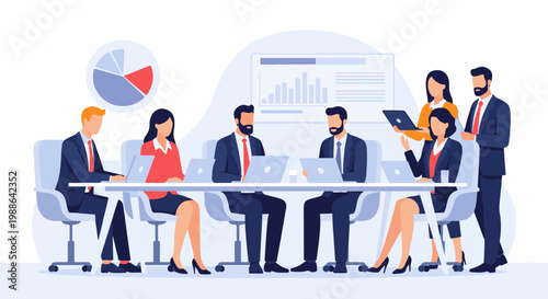Business meeting with colleagues collaborating around a table, discussing graphs and charts
