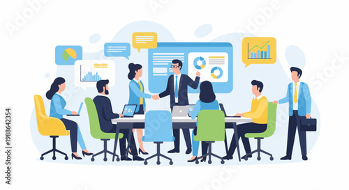 Business professionals collaborate and analyze data around a table in a meeting