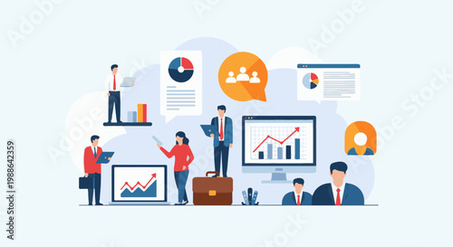 Diverse professionals collaborate on data analysis, charting growth and team synergy