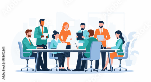 Diverse business professionals collaborate in a modern office meeting, discussing strategy