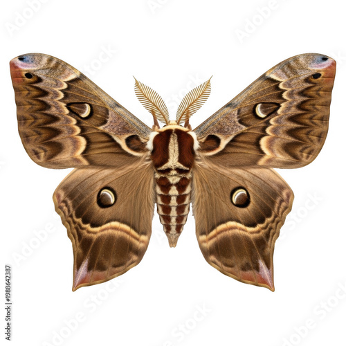 Intricate wing patterns of a large brown moth in detailed view isolated on transparent background