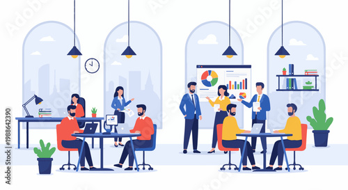 Diverse professionals collaborate in a modern, sunlit office space, presenting data