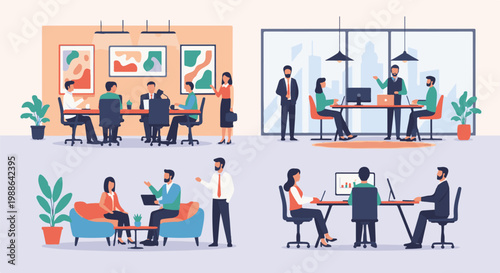 Diverse teams collaborate in modern office spaces, discussing ideas