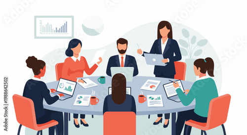 Business team collaborating around a table, reviewing charts and data on laptops