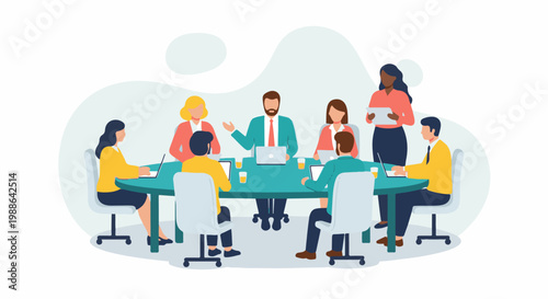 A diverse group of professionals engage in a meeting around a table with laptops and drinks