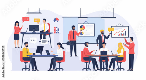 Diverse team collaborating on projects in a modern office setting with charts and computers
