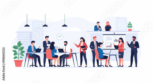 Diverse professionals collaborate and present data in a modern office setting, fostering teamwork and growth