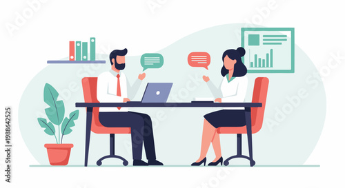 Two colleagues at a desk, one with a laptop, the other with documents, discussing ideas in an office