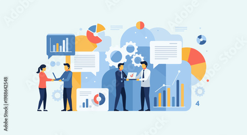 Colleagues collaborate on analytics and strategy with charts, graphs, and gears