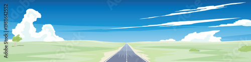 Banner background of asphalt road strode straight ahead. Amidst the empty space of rolling hills covered in green grass, a solitary tree stood. Under a clear blue sky, clouds drifted by the wind.