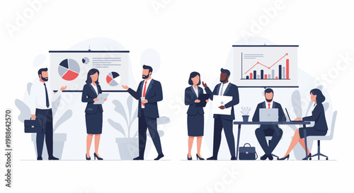 Business professionals in an office setting, presenting data charts on screens