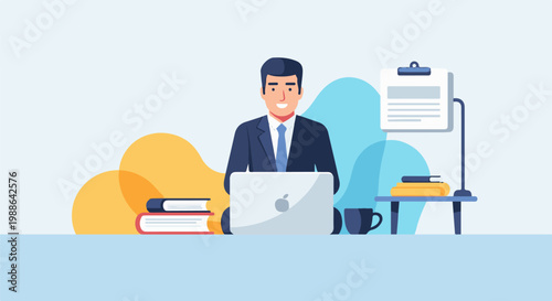 Cartoon businessman at desk with laptop, books, coffee, and clipboard