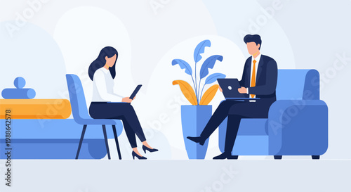 Two people collaborating and working on their devices in a modern, minimalist indoor setting with plants