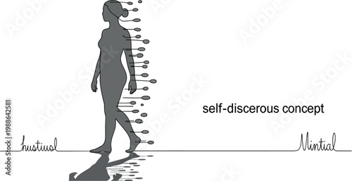 Abstract visualization of a human silhouette with sensory points representing self-perception, internal data analysis, and the journey of understanding one's own complex existence.