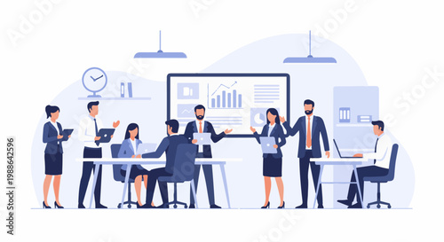 Professionals in a modern office collaborate around a presentation screen showing charts