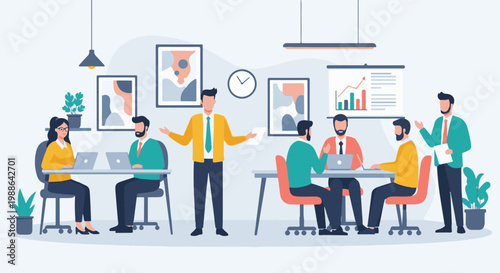 Diverse team collaborates in a bright office meeting, presenting data