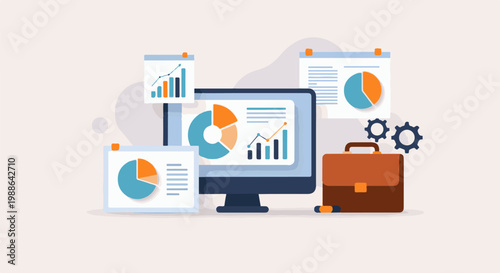 Computer displaying charts, pie graphs, and a briefcase with gears symbolizing business growth and strategy