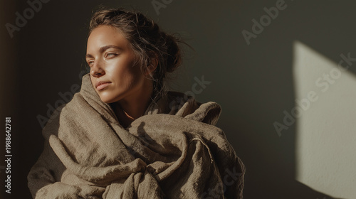 woman wrapped in linen fabric, soft light, natural textures, calm mood, minimal setting