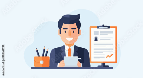 Smiling man in suit at desk with tablet and clipboard, pencils in holder