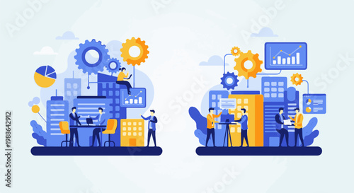 Two teams collaborate within stylized cityscape, with gears and data visualizations
