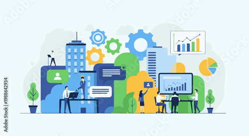 Diverse professionals collaborate in a modern cityscape with charts and gears