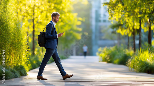 Business professional walking through a park while checking a smartphone, urban work-life integration and active lifestyle concept, defocused background, with copy space