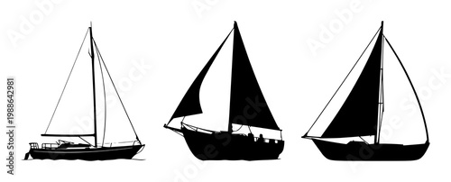Black silhouette, white background: sailboat set with simple line art design featuring simple design, minimalist, black and white with illustrations and graphics