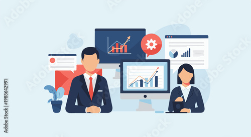 Professionals collaborate on digital data analysis, observing growth charts on screens