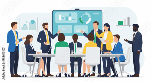 Diverse professionals in a meeting, presenting data on a large screen