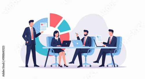 Four professionals in a meeting, one presenting with a pie chart