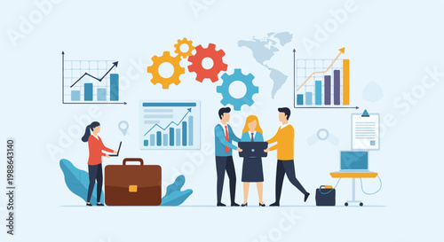 Business people collaborating, analyzing data, and using technology for growth